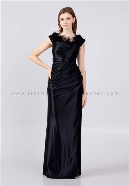 RAMONNA LIFEOff Shoulder Maxi Satin Column Regular Black Evening Dress Rmn3316syh