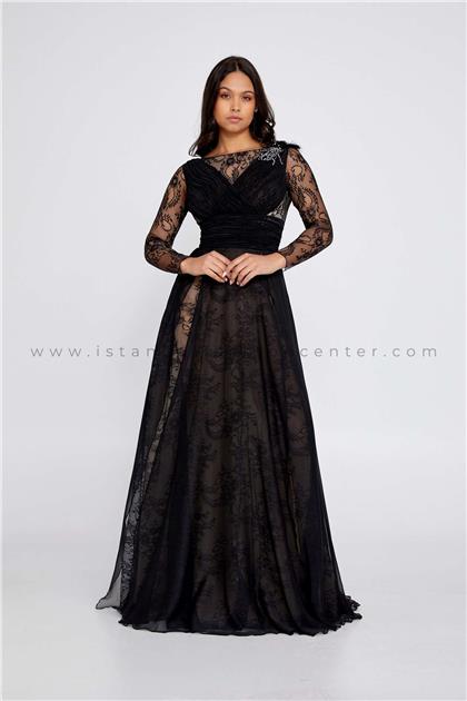 RELACTIVELong Sleeve Maxi Tulle Column Regular Black Wedding Guest Dress Rlv5073syh
