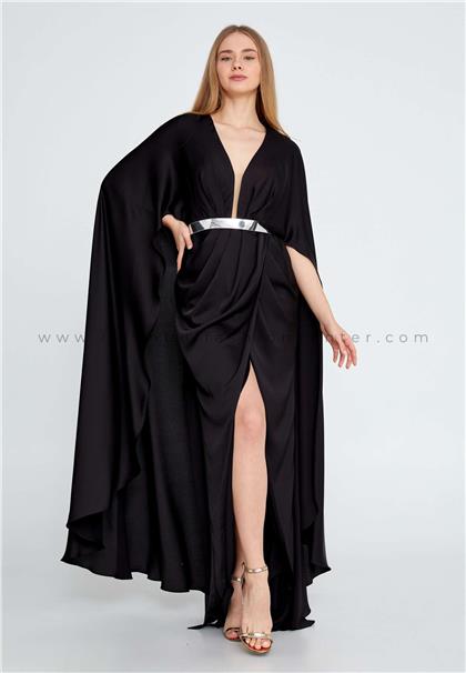 RENGINLong Sleeve Maxi Satin Column Regular Black Wedding Guest Dress Ren6145syh