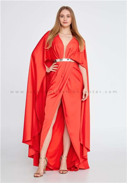 RENGINLong Sleeve Maxi Satin Column Regular Orange Wedding Guest Dress Ren6145ora