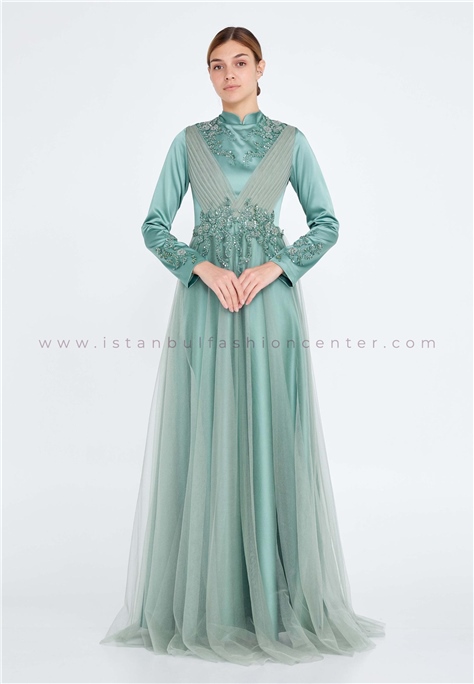 SAN FİORELong Sleeve Maxi Tulle A - Line Regular Green Prom Dress Snfst002ysl