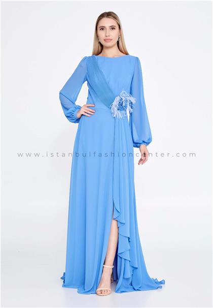 SEE LİNELong Sleeve Maxi Chiffon Column Regular Blue Evening Dress See7935lıl