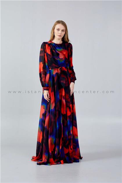 SEE LİNELong Sleeve Maxi Chiffon Column Regular Red-Multicolor Casual Dress See7975kır