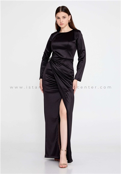 SEE LİNELong Sleeve Maxi Satin Column Regular Black Evening Dress See7120syh