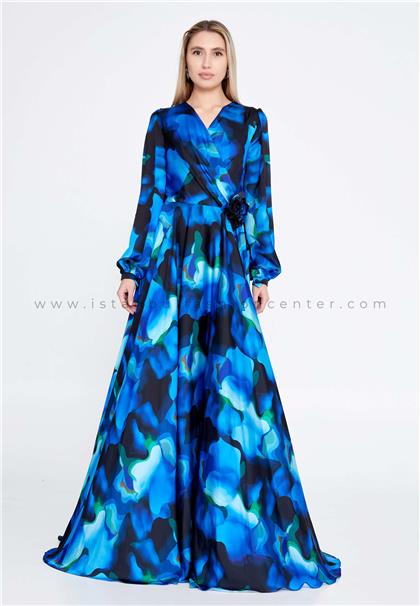 SEE LİNELong Sleeve Maxi Satin Column Regular Blue Evening Dress See7915mav