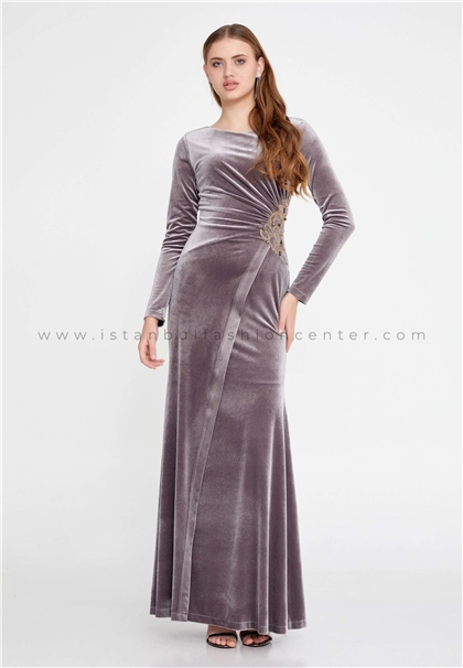 SEE LİNELong Sleeve Maxi Velvet Mermaid Regular Beige Evening Dress See5670-1vız