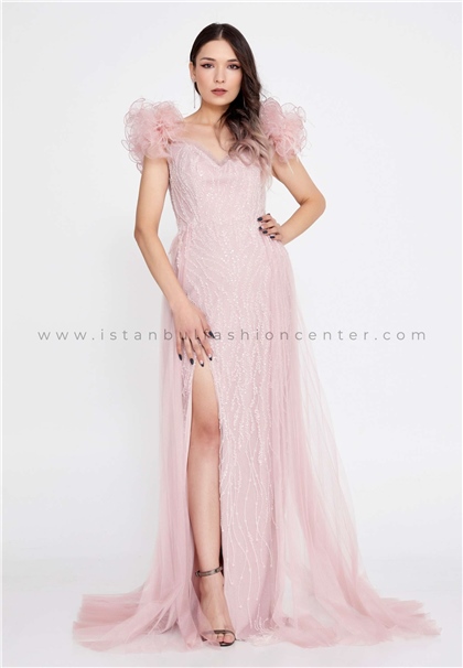SERA BELLA by SafaOff Shoulder Maxi Tulle Mermaid Regular Pink Wedding Guest Dress Srb222131ros