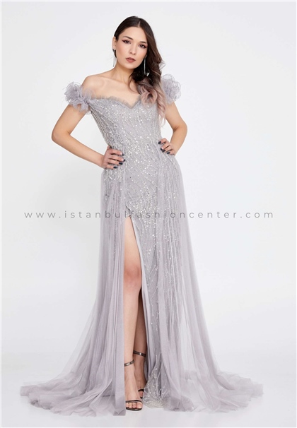 SERA BELLA by SafaOff Shoulder Maxi Tulle Mermaid Regular Grey Wedding Guest Dress Srb222131gry