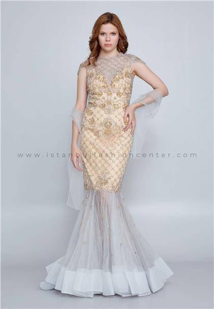 SERA BELLA by SafaShort Sleeve Maxi Tulle Mermaid Regular Beige Wedding Guest Dress Srb6416gmu