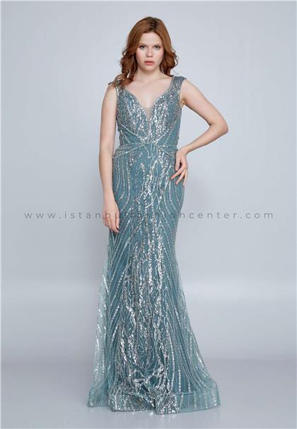 SERA BELLA by SafaSleeveless Maxi Tulle Mermaid Regular Green Wedding Guest Dress Srb222072pet