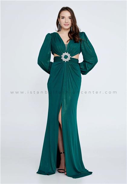 SERİN COUTURELong Sleeve Maxi Lycra Column Regular Green Wedding Guest Dress Srn9270ysl