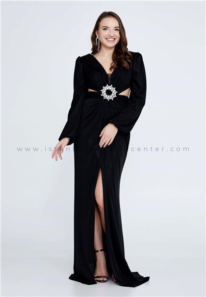SERİN COUTURELong Sleeve Maxi Lycra Column Regular Black Wedding Guest Dress Srn9270syh