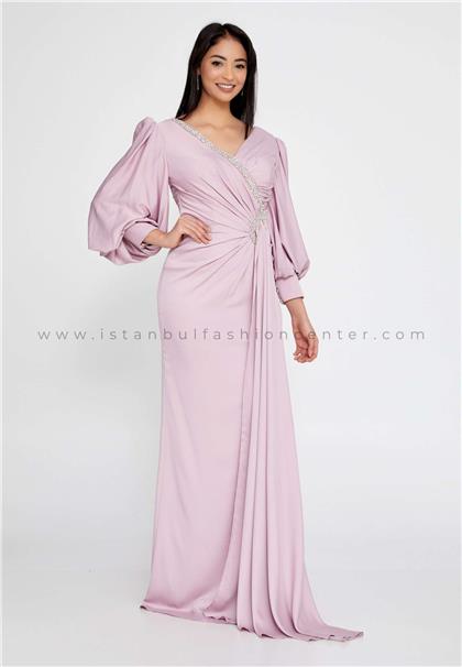 SERİN COUTURELong Sleeve Maxi Lycra Mermaid Regular Pink Wedding Guest Dress Srn9248pud