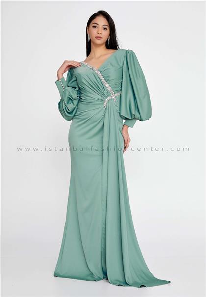 SERİN COUTURELong Sleeve Maxi Lycra Mermaid Regular Green Wedding Guest Dress Srn9248cag