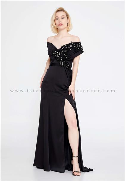 SERİN COUTUREOff Shoulder Maxi Satin Mermaid Regular Black  Evening Dress Srn9291syh