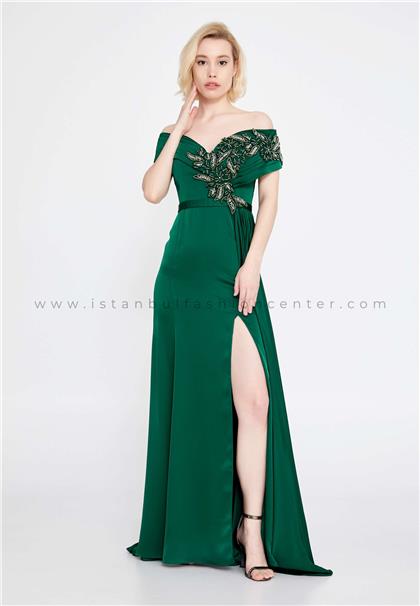 SERİN COUTUREOff Shoulder Maxi Satin Mermaid Regular Green  Evening Dress Srn9291ysl