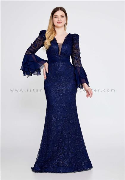STN BULAVALong Sleeve Maxi Lace Mermaid Regular Navy Wedding Guest Dress Stn5153lac