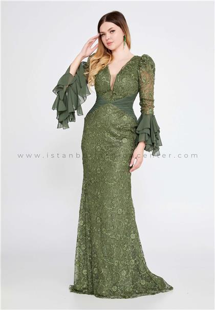 STN BULAVALong Sleeve Maxi Lace Mermaid Regular Green Wedding Guest Dress Stn5153hak