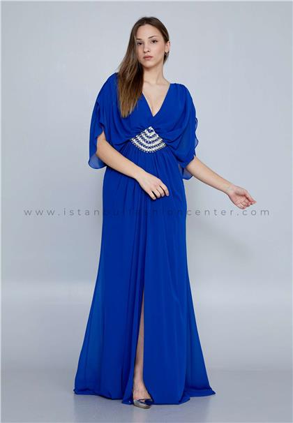 TIAHShort Sleeve Maxi Chiffon Column Regular Blue Wedding Guest Dress Tah2326sak