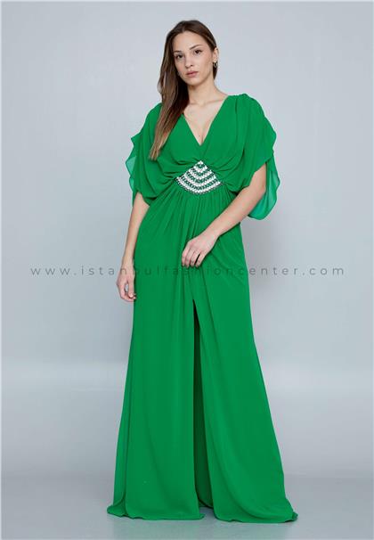 TIAHShort Sleeve Maxi Chiffon Column Regular Green Wedding Guest Dress Tah2326ysl