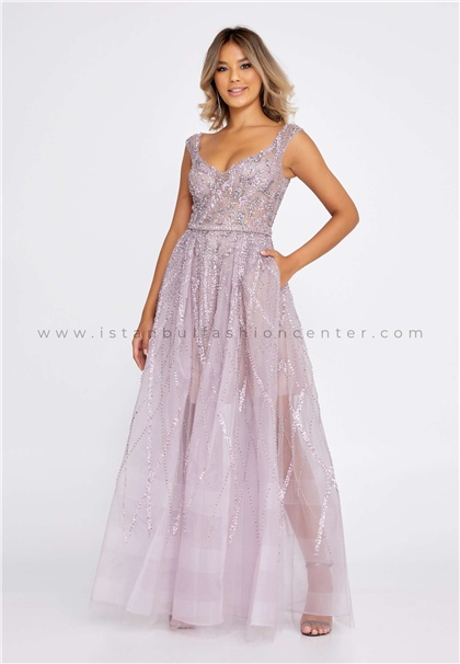 TIARASleeveless Maxi Tulle A - Line Regular Purple Prom Dress Tar260567lıl