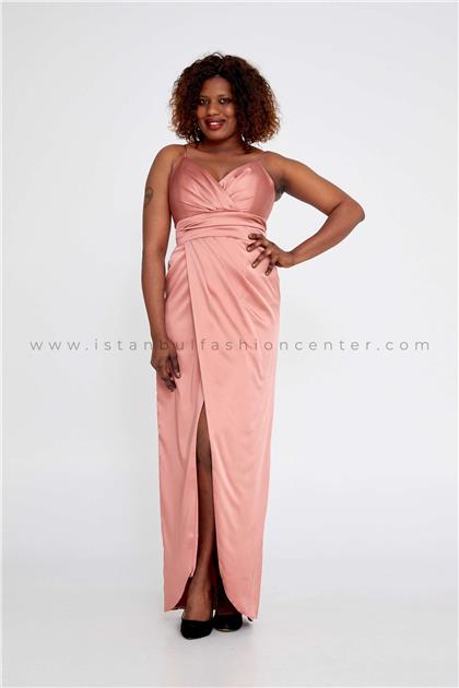 VIERSleeveless Maxi Satin Column Plus Size Pink Evening Dress Vıe21k645sgk