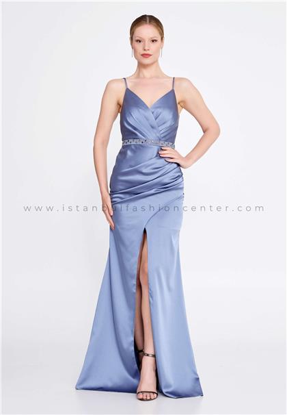 VIERSleeveless Maxi Satin Mermaid Regular Blue Evening Dress Vıe23v-1340ınd