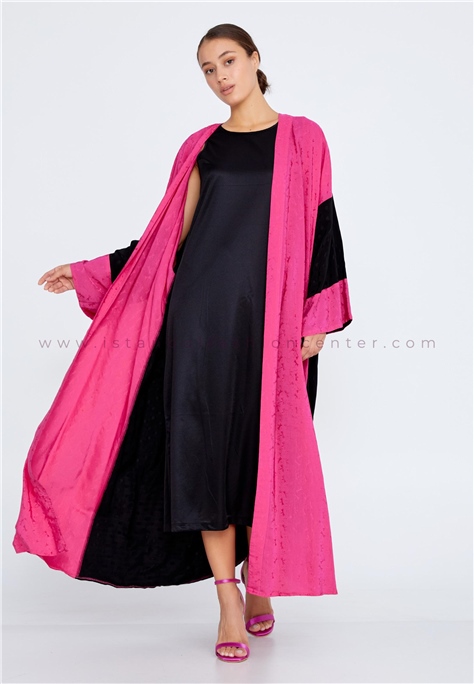 WEVEN Long Sleeve Satin Animal Print Regular Black-Fuchsia Abaya Wvn6044sfy