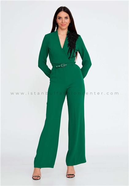 WM NELSLong Sleeve Crepe Regular Fit Regular Green Evening Jumpsuit Wmn23w-12-10121zum