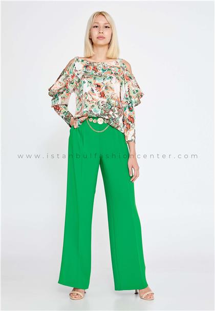 WM NELSOff Shoulder Satin Patterned Regular Green Beige Two-Piece Outfit Wmn23y-40-41111ysl