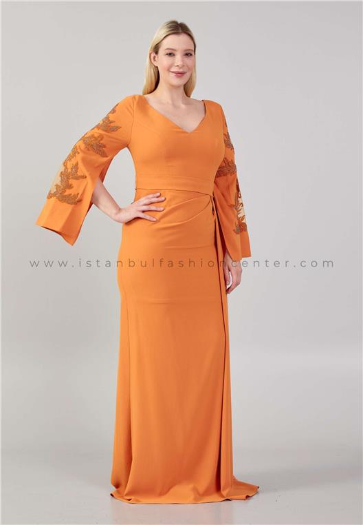 ALCHERA Long Sleeve Maxi Crepe Mermaid Plus Size Orange Wedding Guest