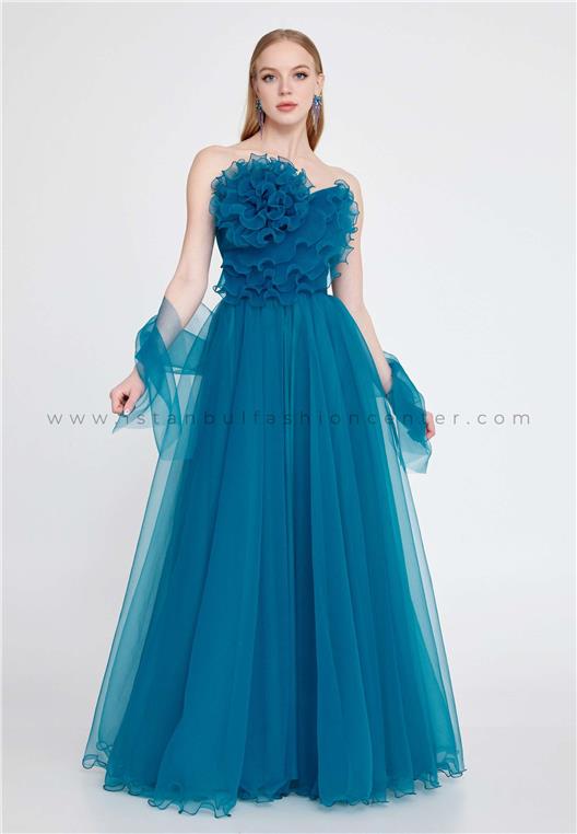 ALCHERA Strapless Maxi Tulle A Line Regular Blue Prom Dress Alc32081kvr