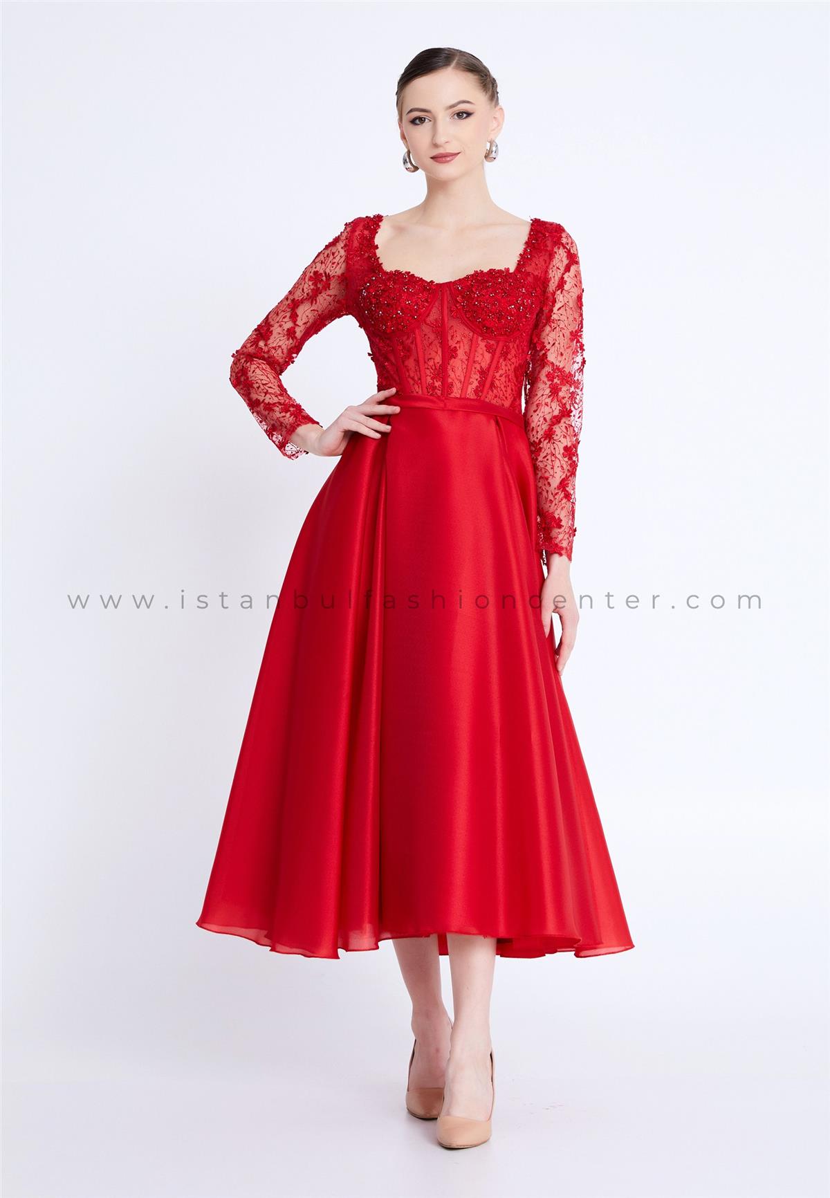 ALİN EXCLUSIVE Long Sleeve Midi Polyester A Line Regular Red Evening