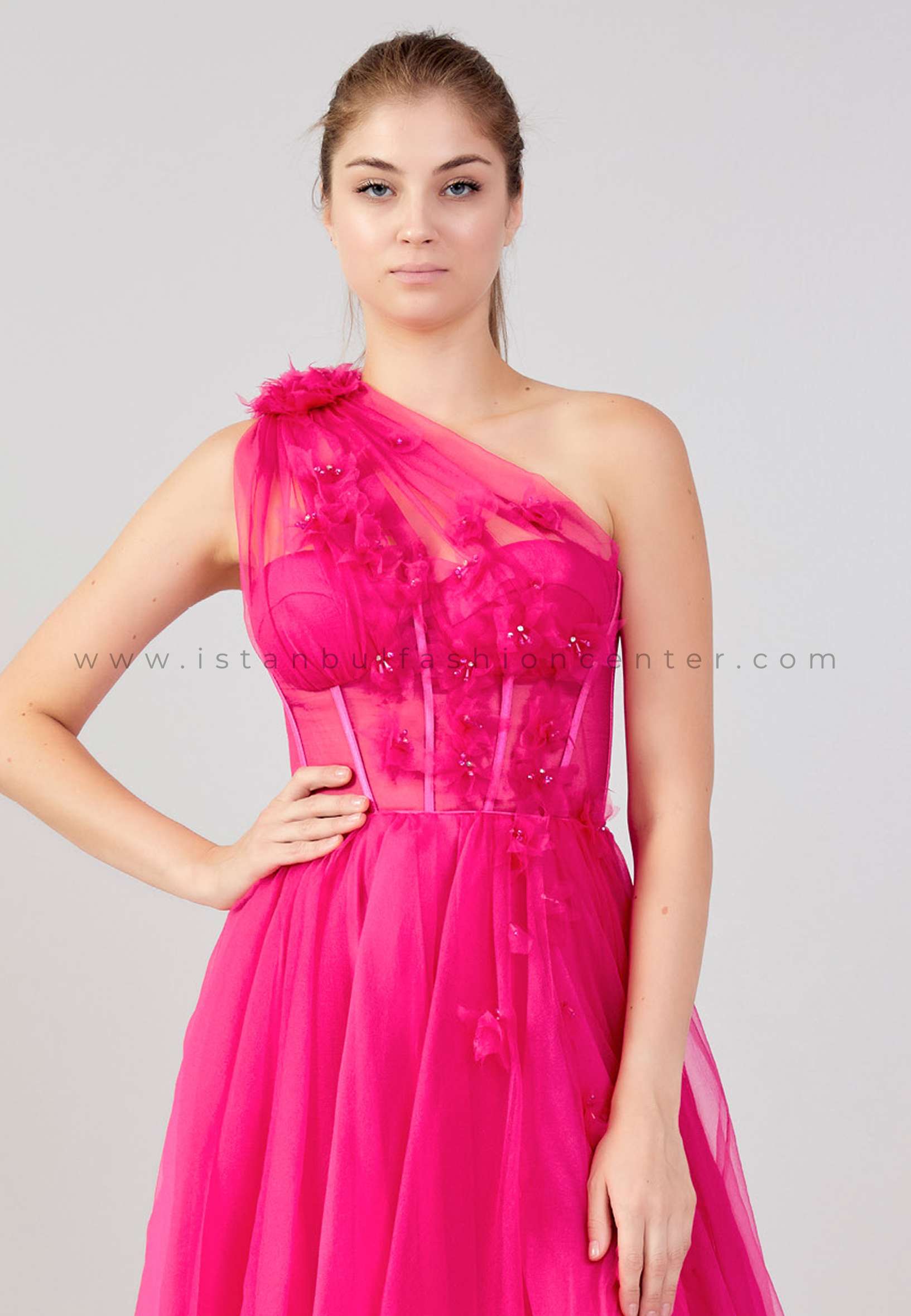 ALCHERA One Shoulder Maxi Tulle A Line Regular Fuchsia Prom Dress