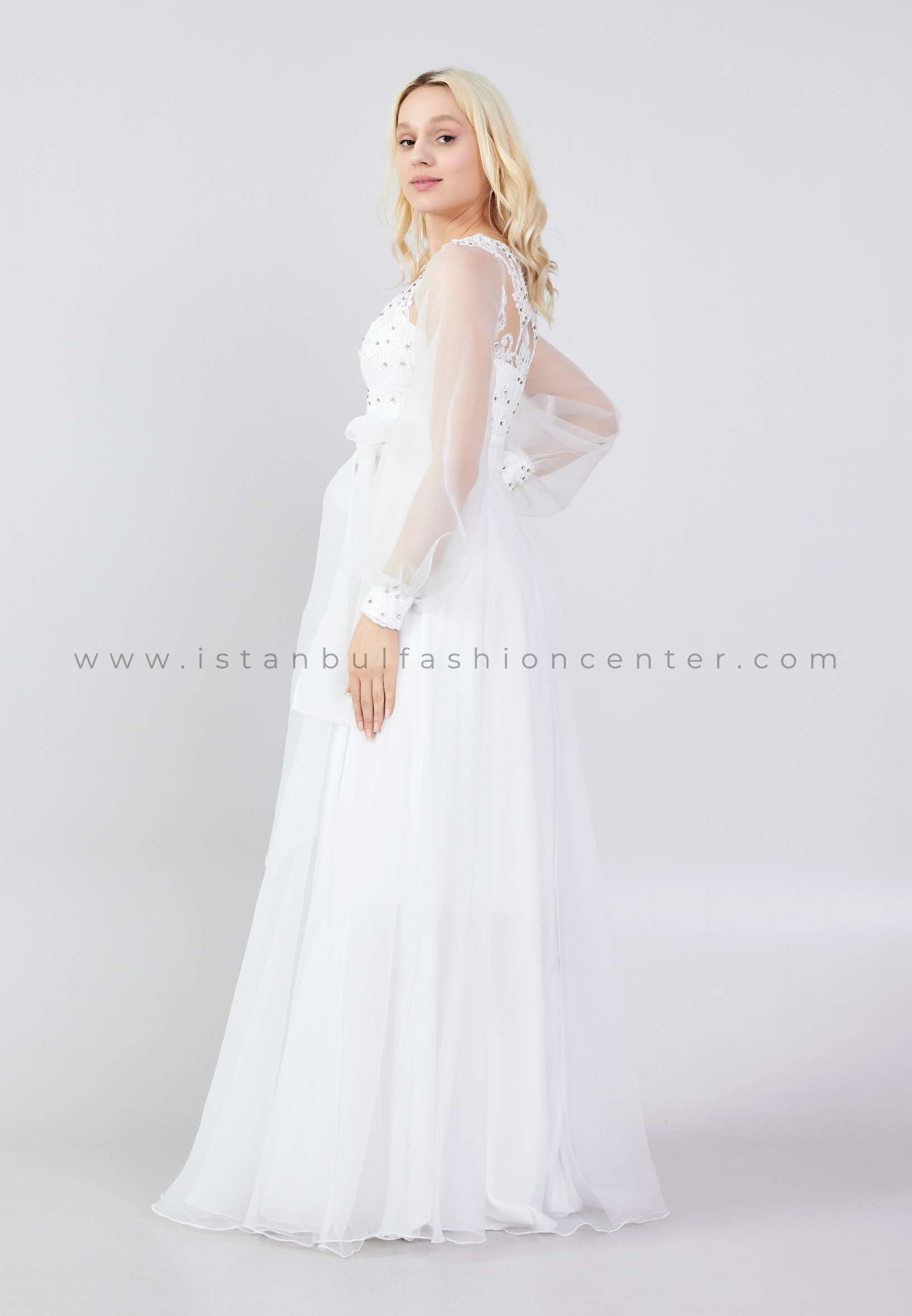 BELLAMARE FASHION Manche longue Maxi Tulle Trapèze Réguliers Blanche Robe  de Bal Blm799byz