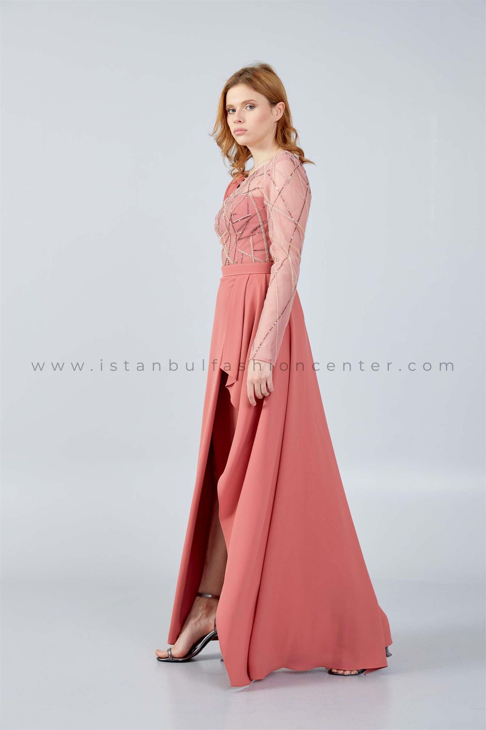 BUQLE DESIGN Long Sleeve Maxi Crepe Column Regular Pink Wedding Guest Dress  Bql2467kar