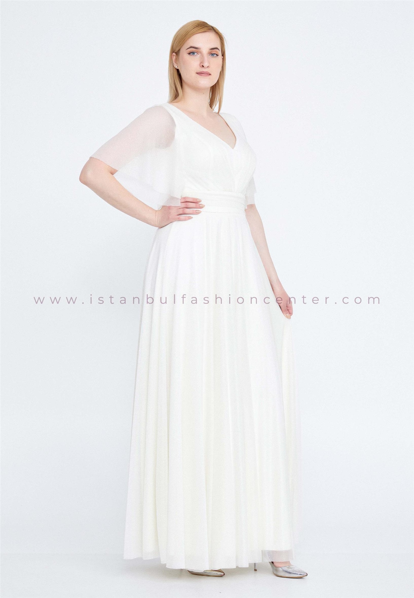 DORİDORCA Short Sleeve Maxi Chiffon A - Line Plus Size White Wedding Guest  Dress Drd1191-bkem
