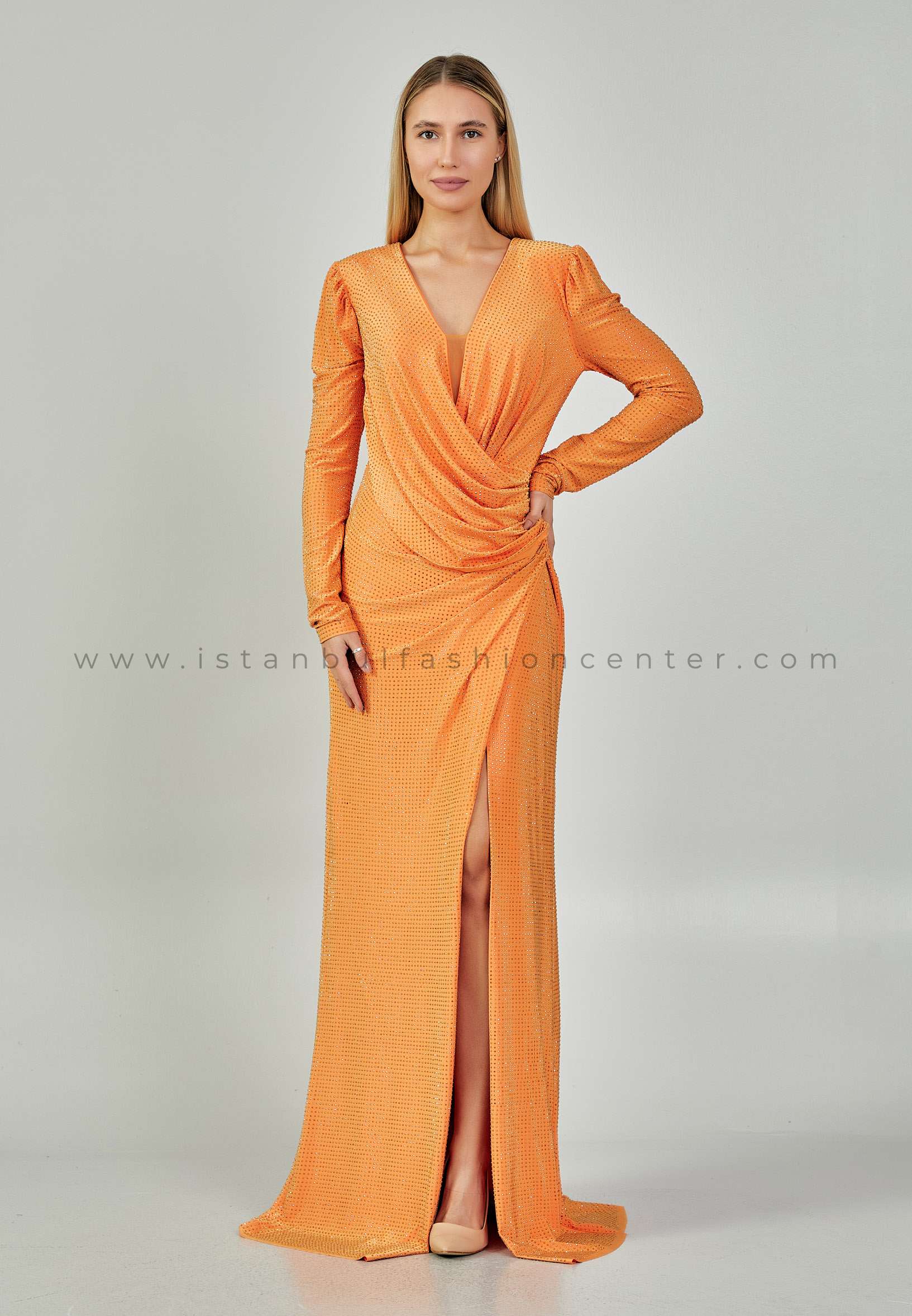 ELYSİON Long Sleeve Maxi Lycra Column Regular Orange Wedding Guest Dress  Ely1423ora