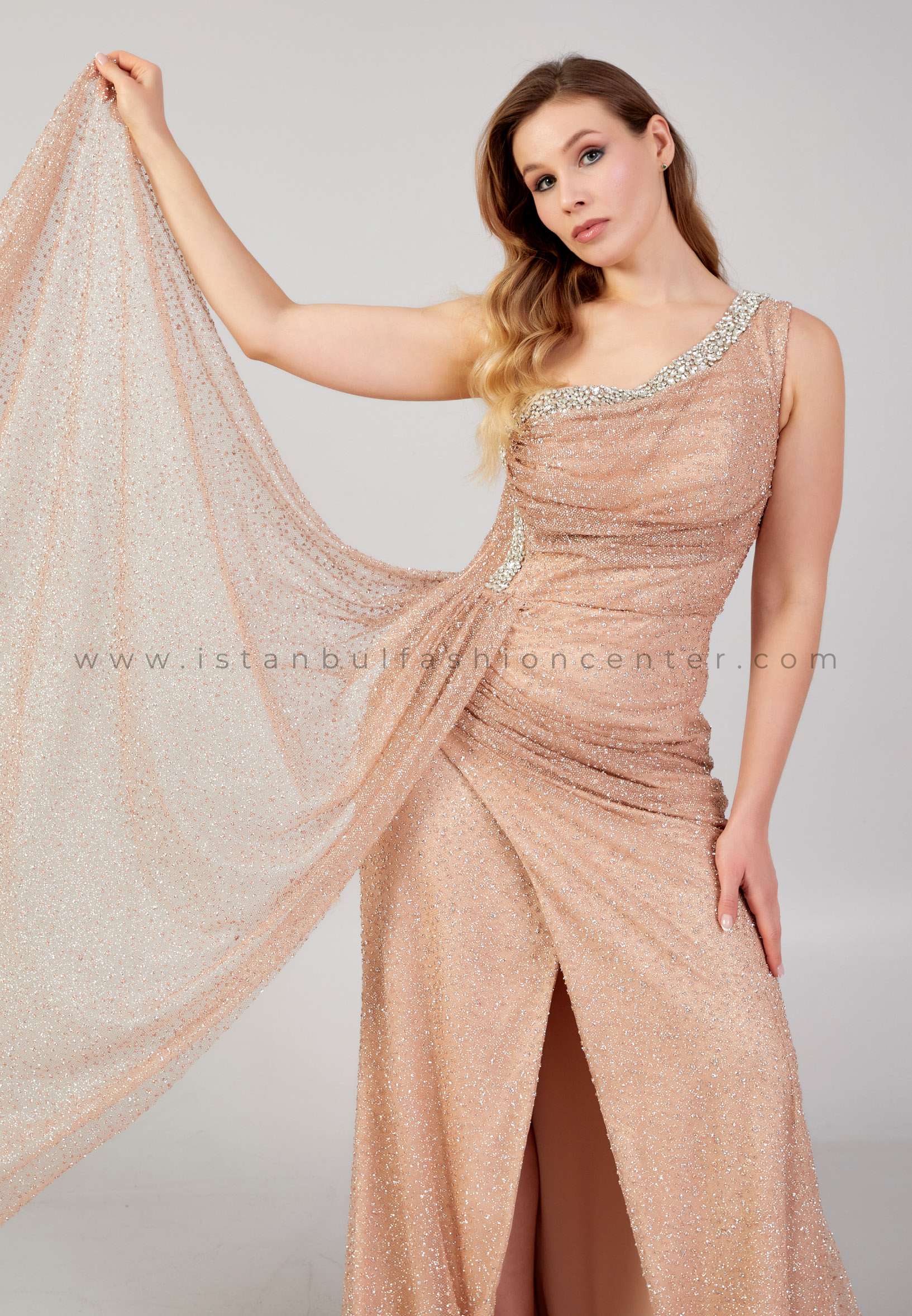 ELYS ON Une Epaule Maxi Paillette Sirene Grandes Tailles Beige Robe de Mariage Ely2227gld