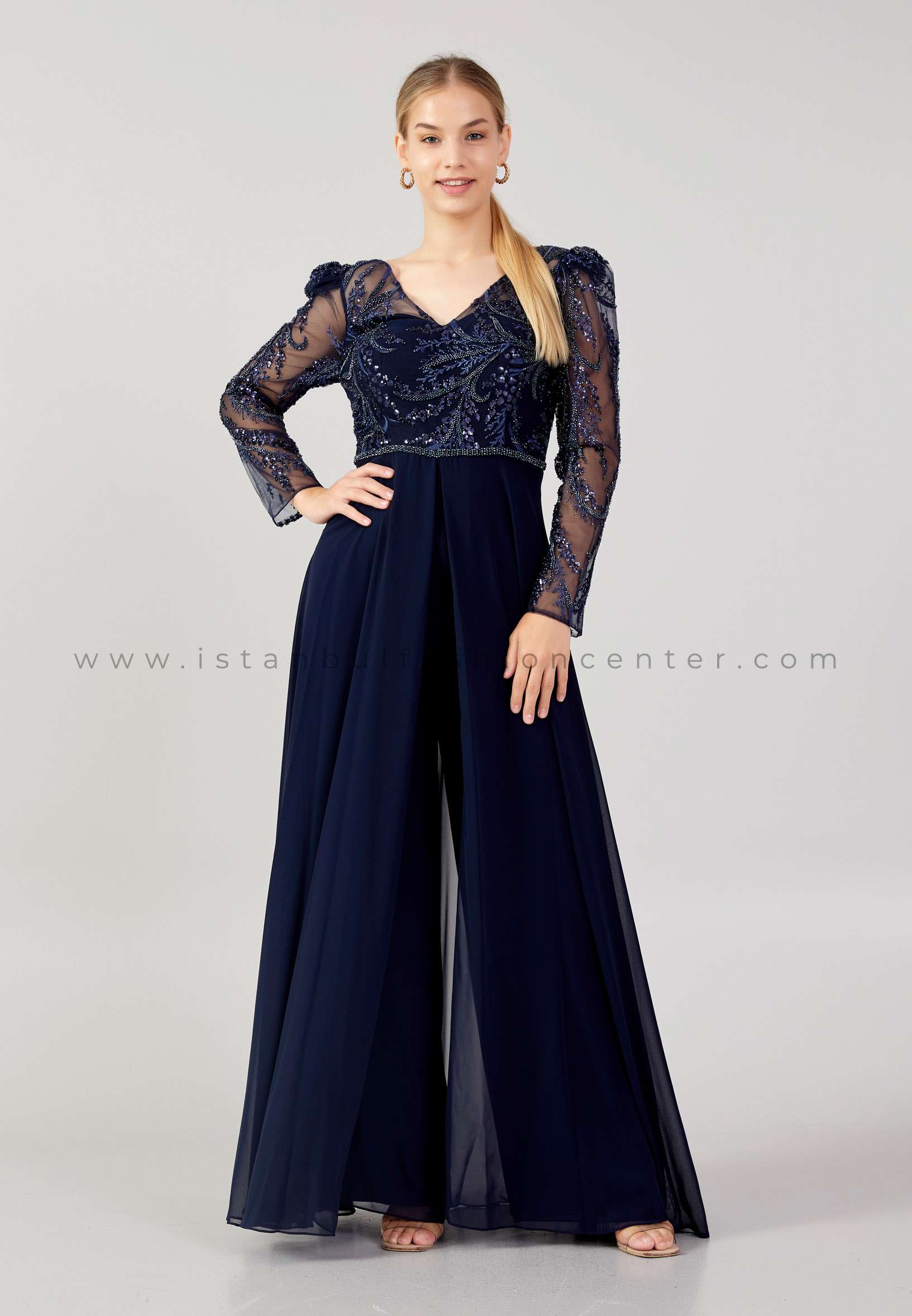 Long Sleeve Chiffon Regular Fit Plus Size Navy Evening Jumpsuit Brz5556 blac