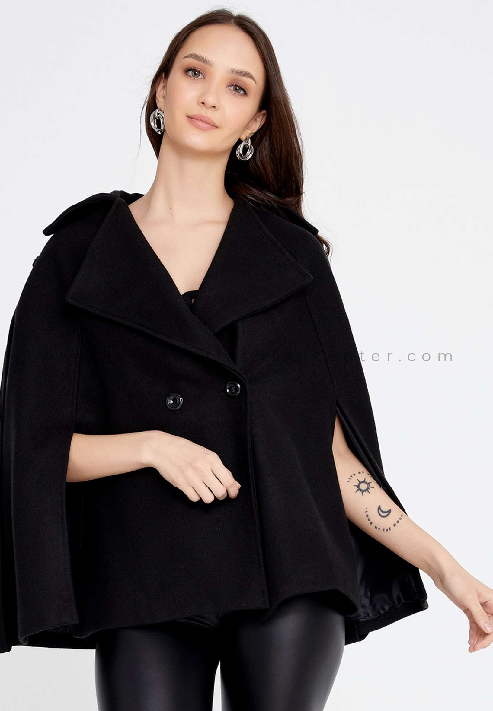 ESLİNA KAROP عادي صوف ناعم اللون الصامد أسودالجملة النسائية معطف  ESLDG12770blc | Istanbul Fashion Center