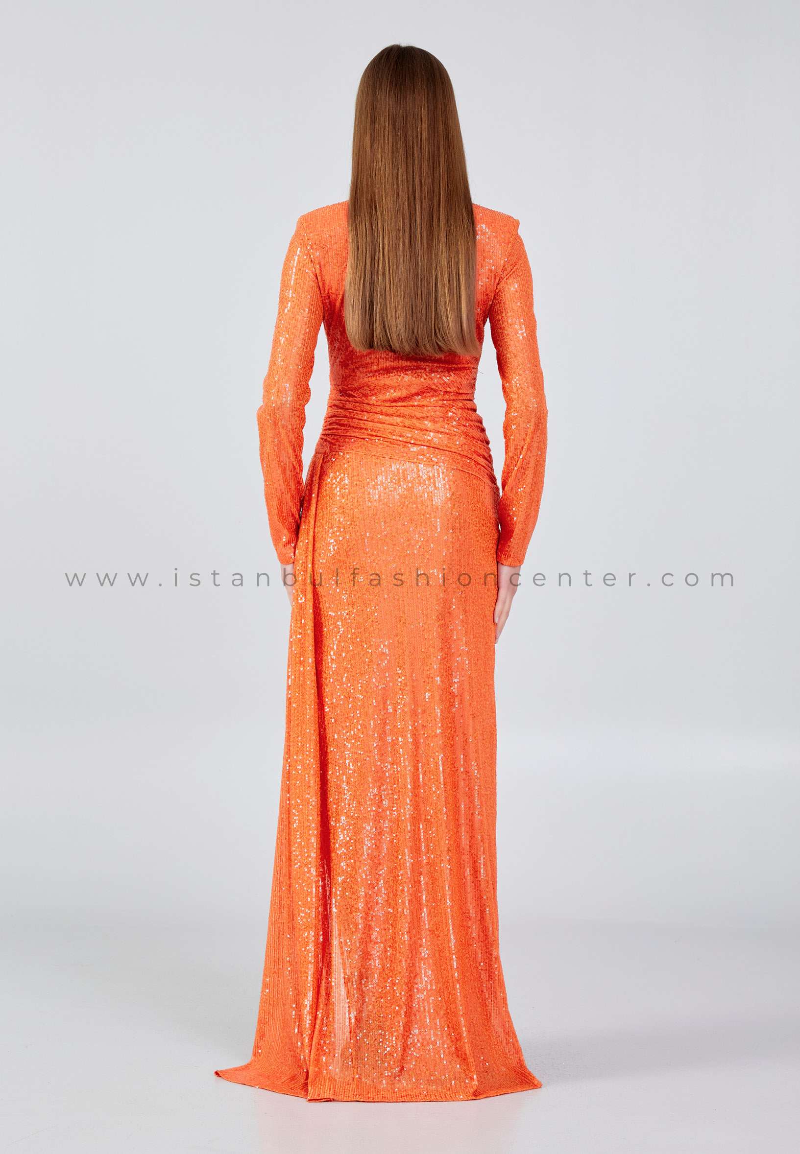 Long Sleeve Maxi Sequin Column Regular Orange Evening Dress Exp56975ora