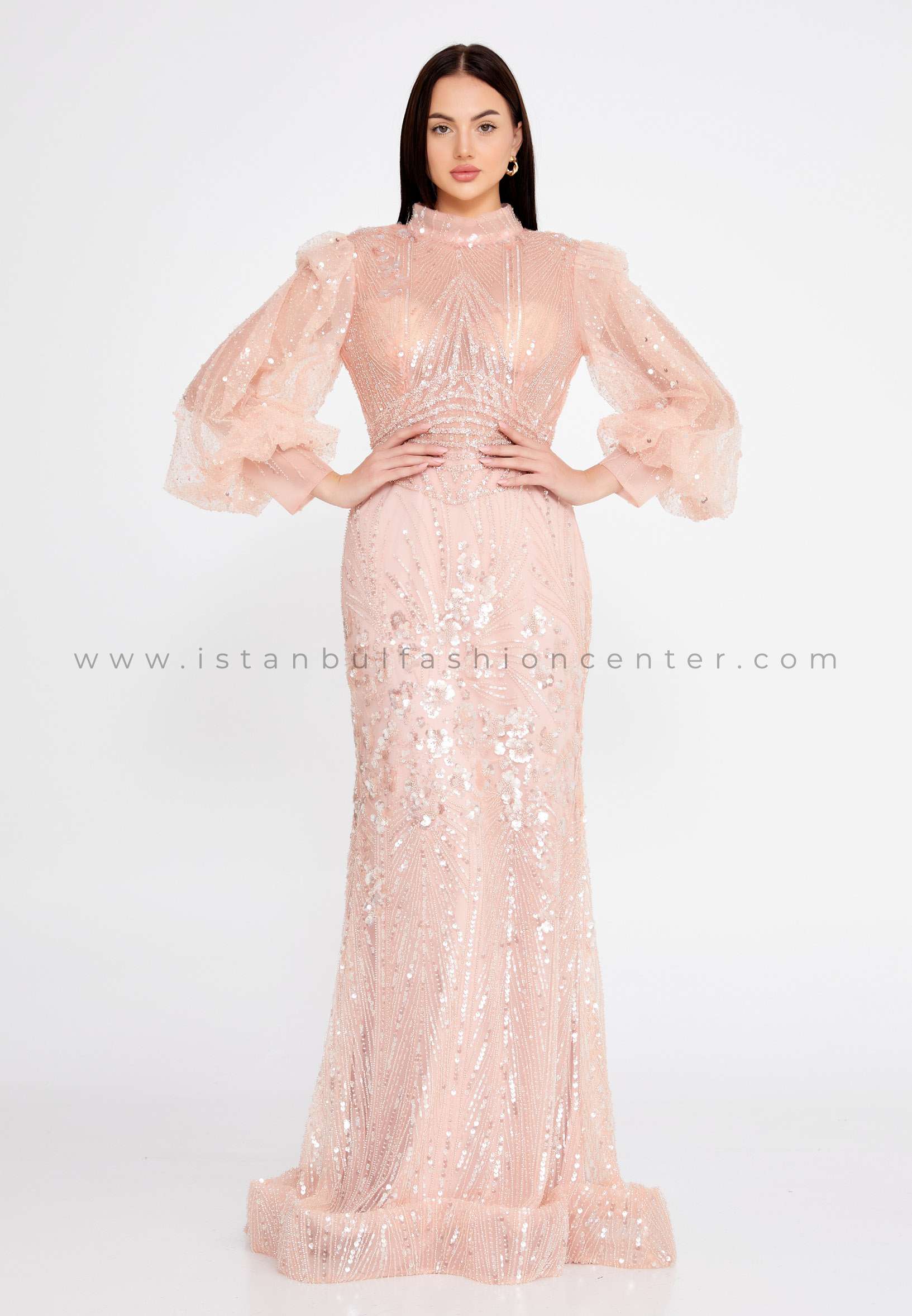 FARİDA COUTURE Long Sleeve Maxi Tulle Regular Pink Engagement Dress  Frd1427pem