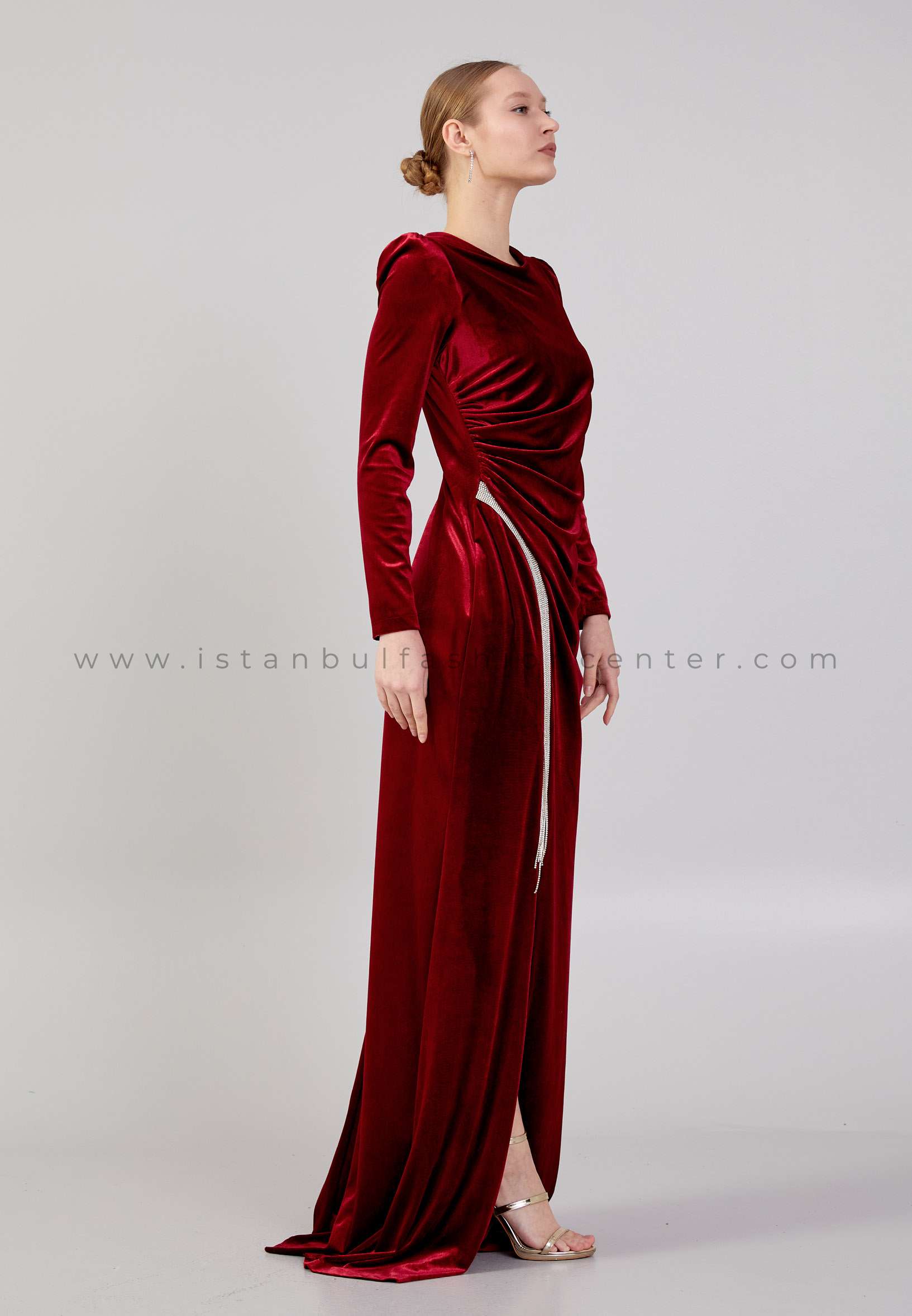 Long Sleeve Maxi Velvet Column Regular Burgundy Evening Dress