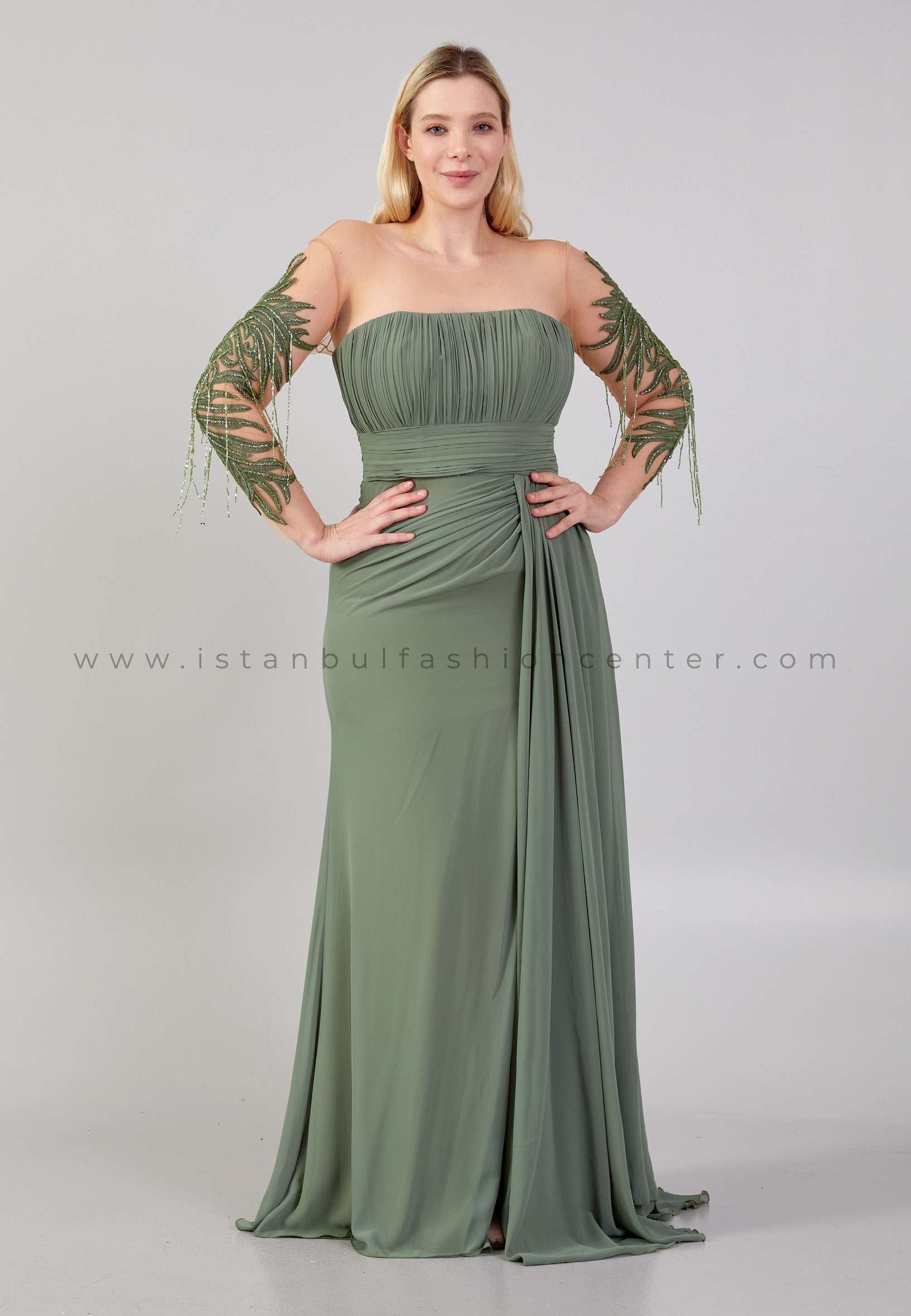 HALLMARK Long Sleeve Maxi Chiffon Column Plus Size Green Wedding Guest Dress  Omn631-bzyt