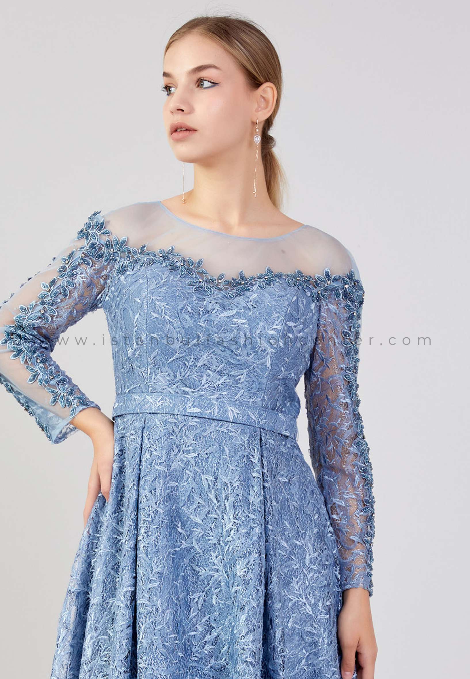 Hallmark Long Sleeve Maxi Tulle Column Plus Size Blue Prom Dress Bql2421ınd