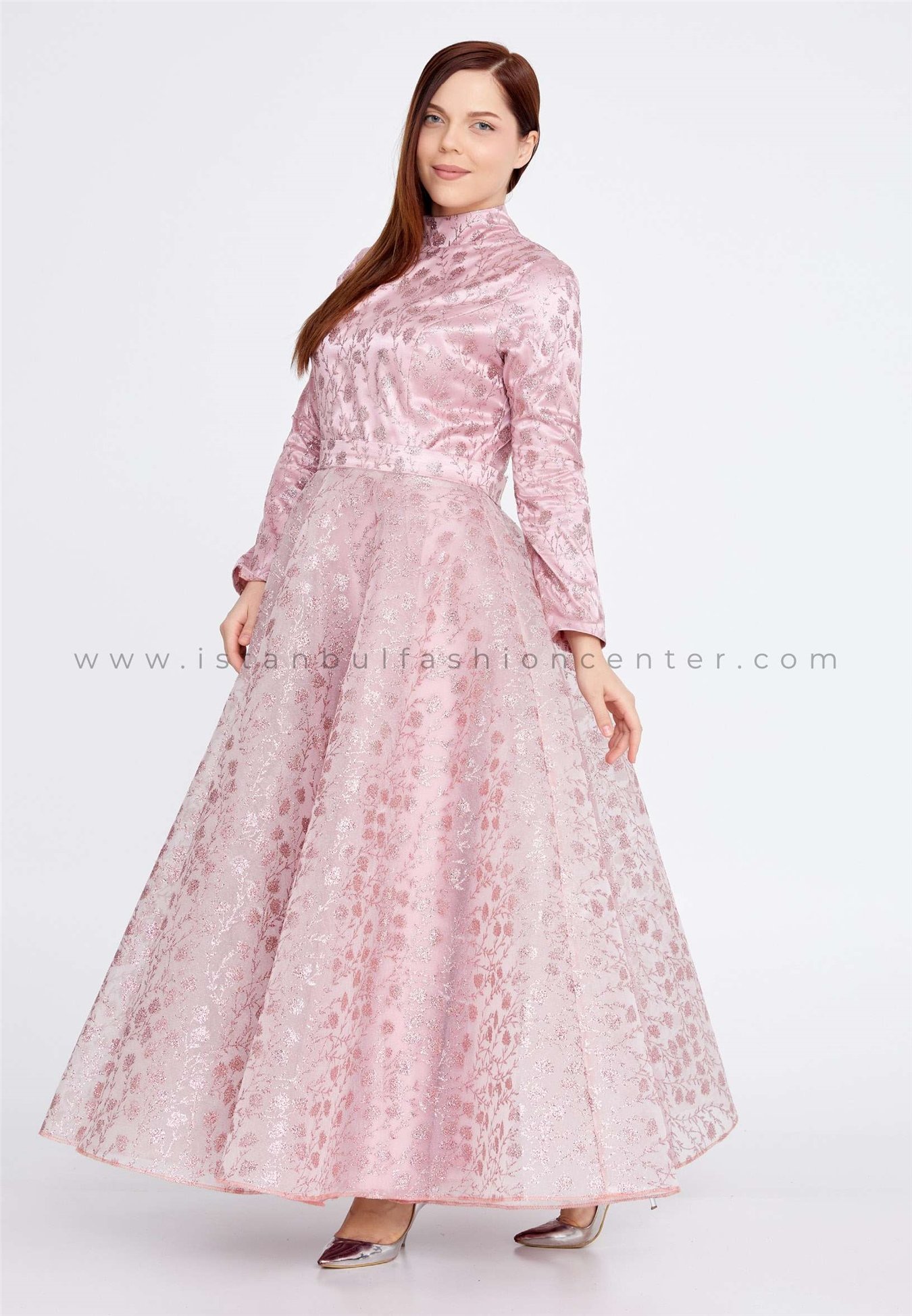 GİZEM KIŞ Long Sleeve Midi Tulle A - Line Plus Size Pink Prom Dress  Gzk7017-1pud