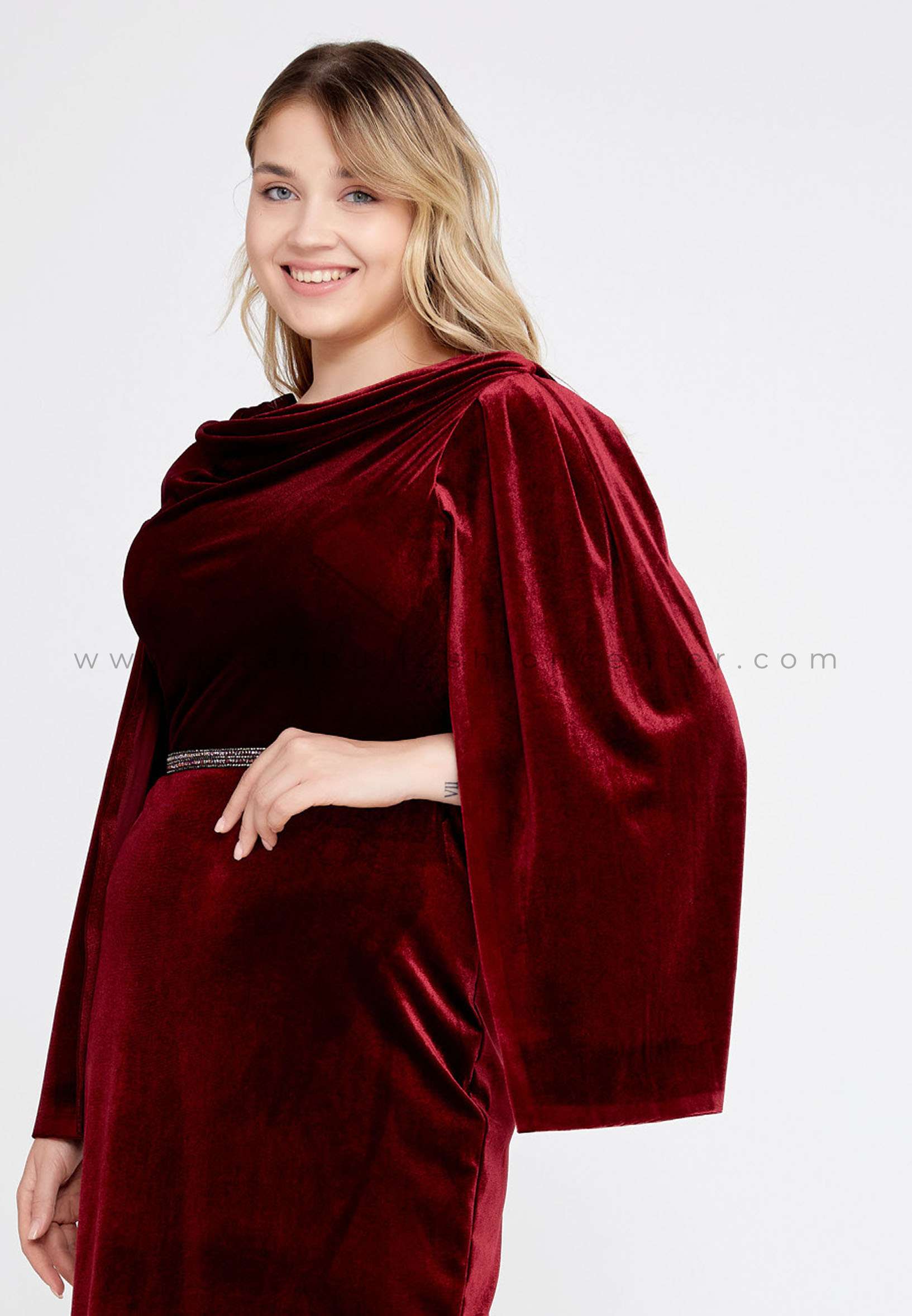 HALLMARK Long Sleeve Midi Velvet Column Regular Burgundy Evening