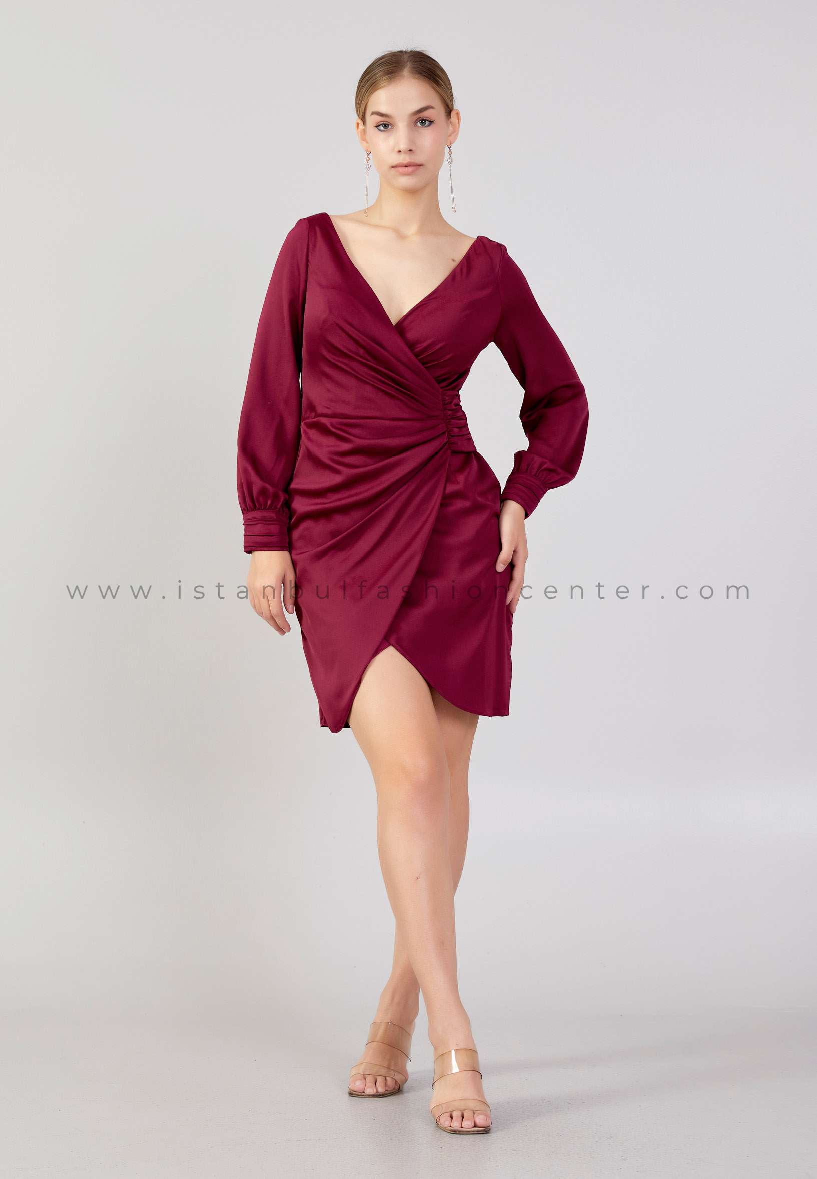 Long Sleeve Satin Mini Wrap Dress in Burgundy