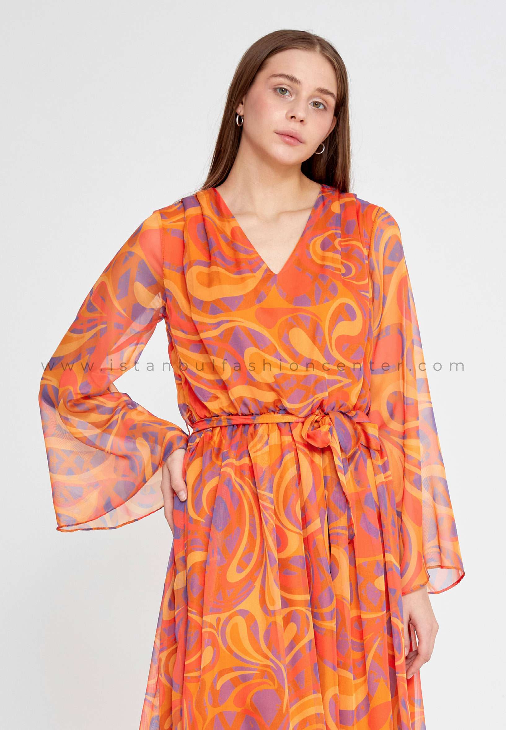 IJO & CO Long Sleeve Midi Chiffon Column Regular Orange Casual Dress  Ijo3405ora